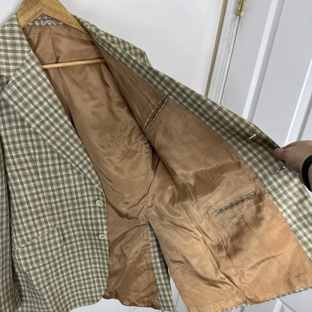 70s Wool Linen Blazer 40 Green Tan Plaid Sport Coat Canada Gooden’s VTG‎ Mod